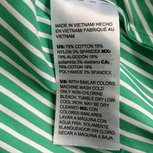 Chico's Green White Diagonal Stripe 3/4 Sleeve Top Shoulder Buttons Modern - Picture 6 of 7